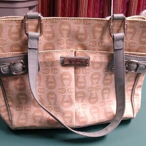 Etienne Aigner Cream Blue And Tan Shoulder Bag with Structured Design